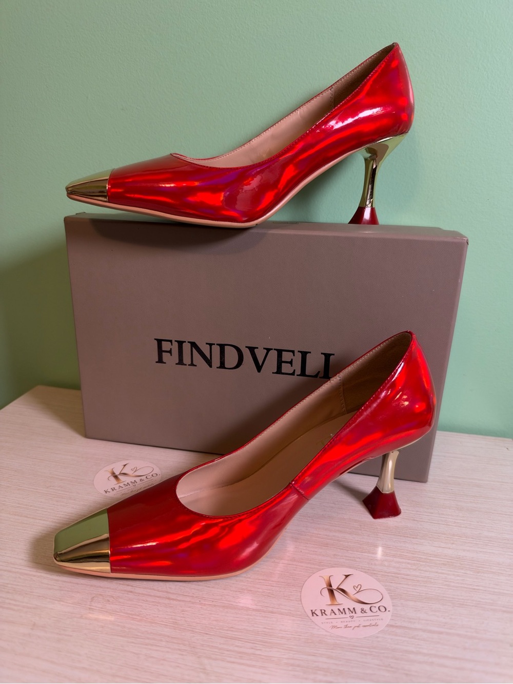 Red Metallic Pointed Toe Kitten Heel Pumps with Gold Cap
